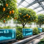 Високотехнологічна теплиця з дорослими манговими дерева всередині, обладнана автоматичними системами вентиляції та датчиками.