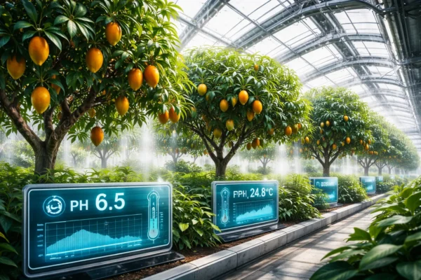 Високотехнологічна теплиця з дорослими манговими дерева всередині, обладнана автоматичними системами вентиляції та датчиками.