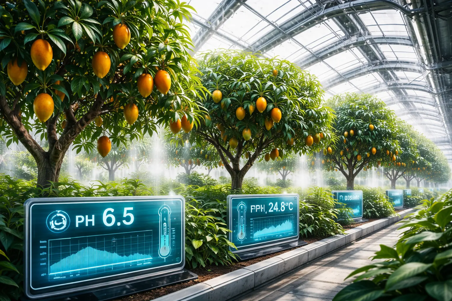 Високотехнологічна теплиця з дорослими манговими дерева всередині, обладнана автоматичними системами вентиляції та датчиками.