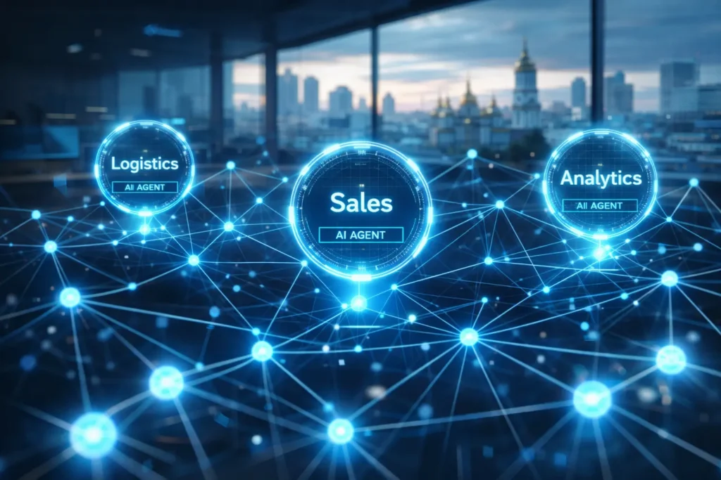 Футуристичний дашборд управління компанією, де цифрові ШІ-агенти взаємодіють між собою у вигляді мережі вузлів, на фоні силуету Києва.