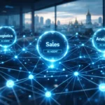 Футуристичний дашборд управління компанією, де цифрові ШІ-агенти взаємодіють між собою у вигляді мережі вузлів, на фоні силуету Києва.