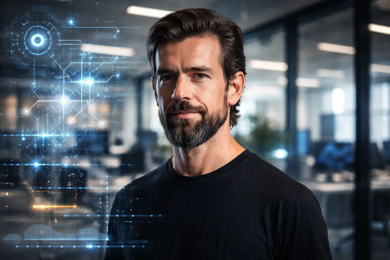 Джек Дорсі на фоні офісу технологічної компанії