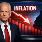 Пітер Наварро під час виступу на Newsmax, на фоні графіки із зображенням Капітолію та символів інфляції/долара.