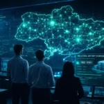 Високотехнологічний центр керування енергосистемою з моніторами, що відображають цифрову карту Smart Grid України та стан систем накопичення енергії.