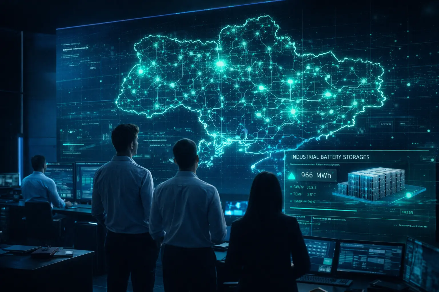 Високотехнологічний центр керування енергосистемою з моніторами, що відображають цифрову карту Smart Grid України та стан систем накопичення енергії.