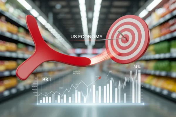 Інфографіка: Великий червоний бумеранг із написом «TARIFFS», що летить назад у бік будівлі Капітолію та гаманця споживача. На фоні — логотипи ФРС Нью-Йорка та Єльського університету.