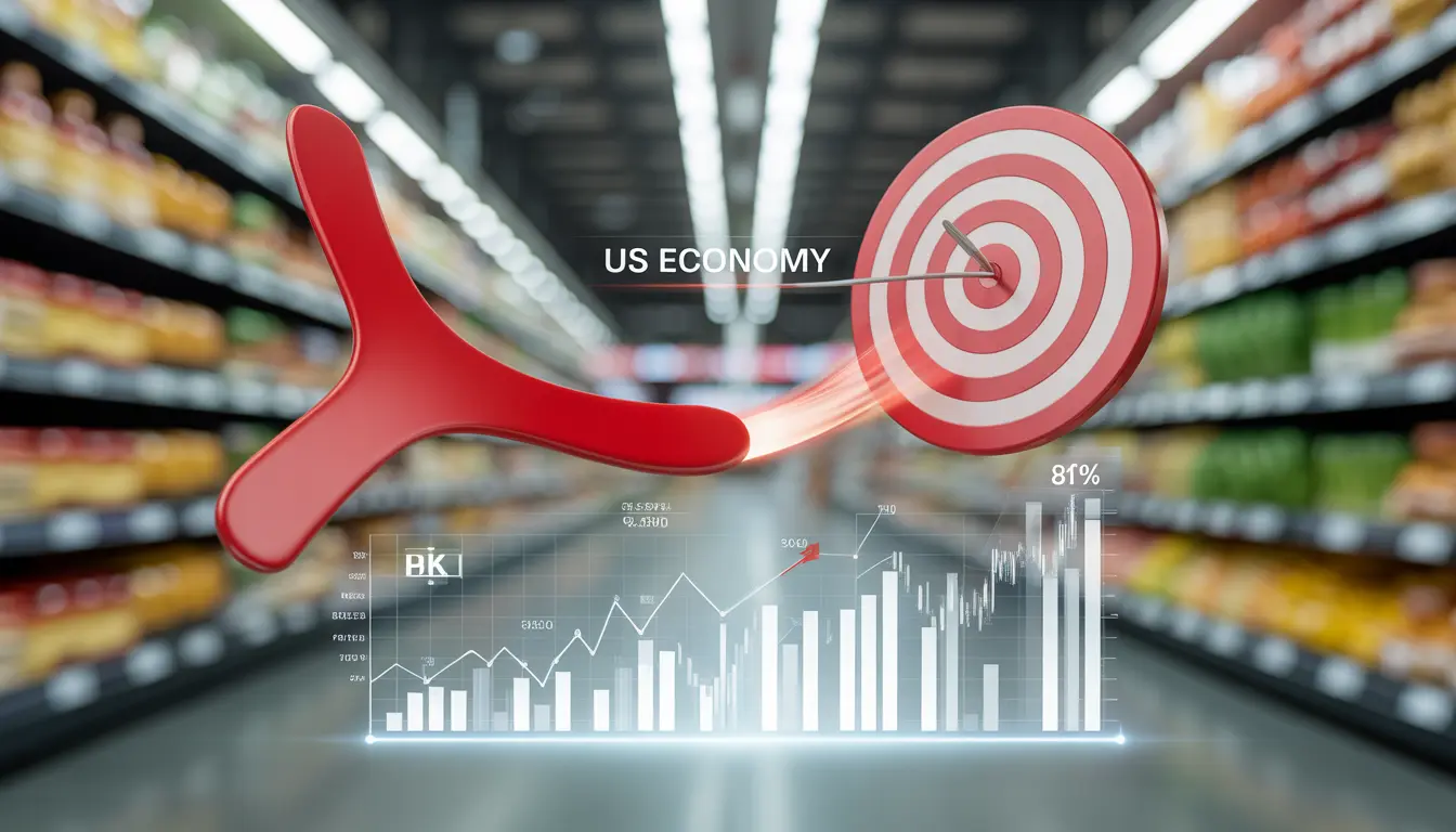 Інфографіка: Великий червоний бумеранг із написом «TARIFFS», що летить назад у бік будівлі Капітолію та гаманця споживача. На фоні — логотипи ФРС Нью-Йорка та Єльського університету.