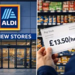 Графік зростання частки ринку Aldi та Lidl на фоні працівників магазинів; текст £13.50 RECORD PAY та 50% PRIVATE LABEL лютий 2026