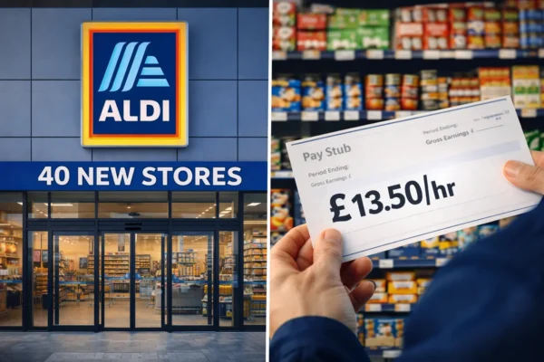 Графік зростання частки ринку Aldi та Lidl на фоні працівників магазинів; текст £13.50 RECORD PAY та 50% PRIVATE LABEL лютий 2026