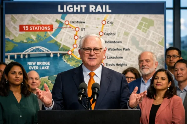 Мер Остіна Кірк Вотсон виступає на презентації проєкту Light Rail; інфографіка з показником 58% голосів виборців на фоні залізничних колій лютий 2026