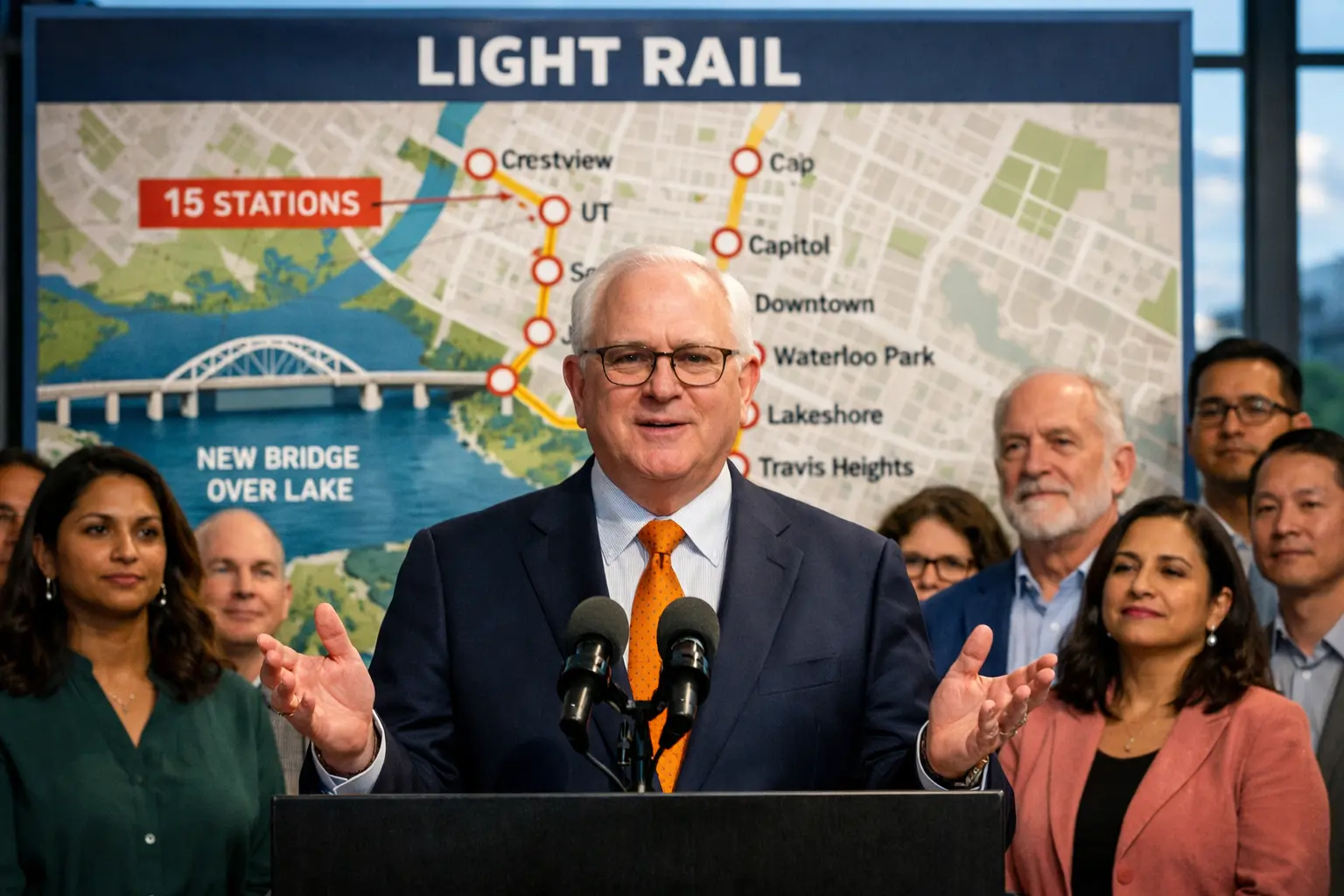 Мер Остіна Кірк Вотсон виступає на презентації проєкту Light Rail; інфографіка з показником 58% голосів виборців на фоні залізничних колій лютий 2026