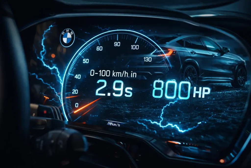 Концепт BMW Vision Neue Klasse поруч із силуетом майбутнього iX4 M; цифрова приладова панель із показником 800 к.с. лютий 2026Концепт BMW Vision Neue Klasse поруч із силуетом майбутнього iX4 M; цифрова приладова панель із показником 800 к.с. лютий 2026