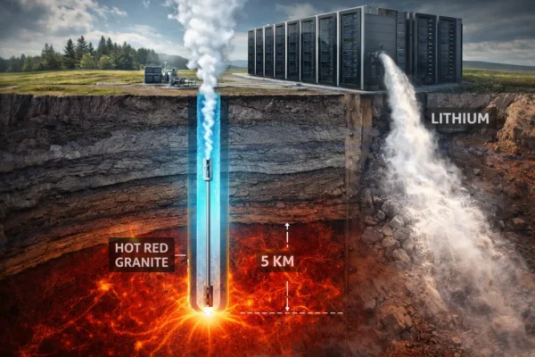 Макрофотографія кристалів карбонату літію поруч із моделлю геотермальної свердловини та логотипом Google на фоні енергостанції лютий 2026
