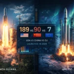 Ракета Ariane 6 на старті в Куру та арктичний космодром Esrange у Швеції інфографіка статистики запусків 2025 США Китай Європа