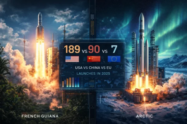 Ракета Ariane 6 на старті в Куру та арктичний космодром Esrange у Швеції інфографіка статистики запусків 2025 США Китай Європа