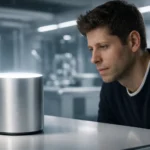 Концептуальний дизайн розумної колонки OpenAI: гладкий сріблястий циліндр без кнопок із маленьким об'єктивом камери зверху, на фоні сучасного розумного будинку.