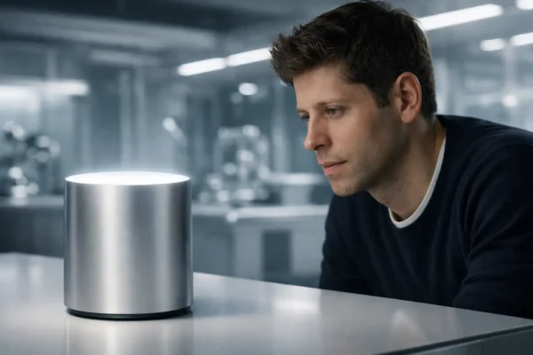 Концептуальний дизайн розумної колонки OpenAI: гладкий сріблястий циліндр без кнопок із маленьким об'єктивом камери зверху, на фоні сучасного розумного будинку.