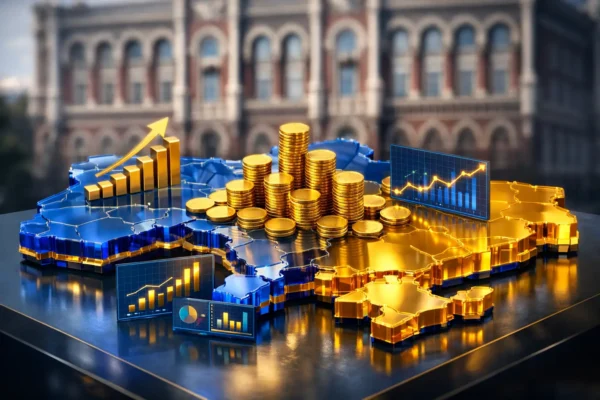 Інфографіка фінансового стану України 2026 року на фоні будівлі Національного банку та купюр гривні; текст СТАБІЛЬНІСТЬ ТА РИЗИКИ лютий 2026