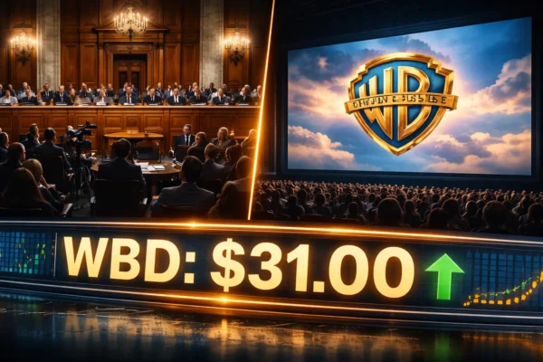 Тед Сарандос на слуханнях у Конгресі та Девід Еллісон; логотипи Warner Bros Discovery та CNN на фоні Капітолію лютий 2026