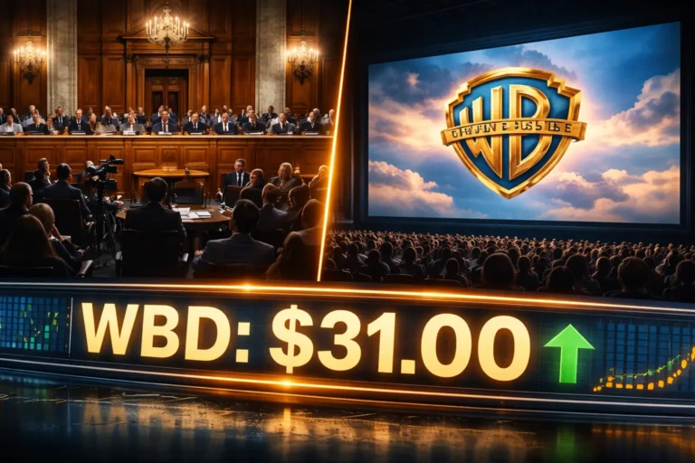 Тед Сарандос на слуханнях у Конгресі та Девід Еллісон; логотипи Warner Bros Discovery та CNN на фоні Капітолію лютий 2026