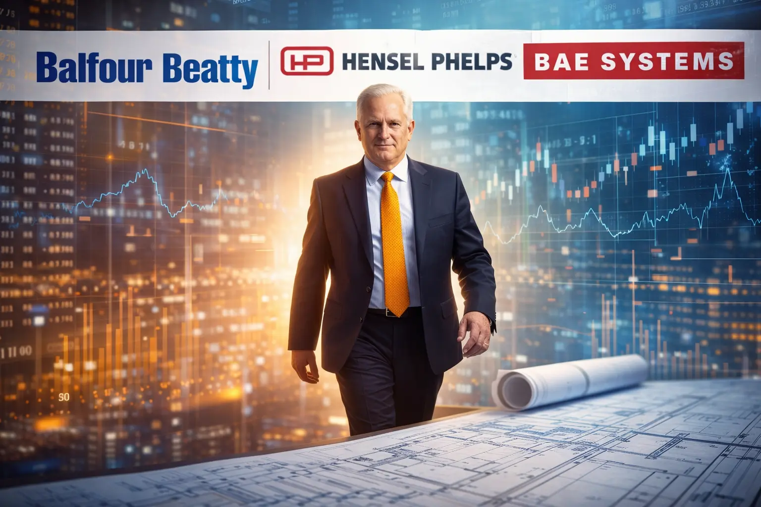 Майлз Весткотт на фоні логотипів Balfour Beatty та BAE Systems; будівельні крани в Техасі та Лондоні лютий 2026