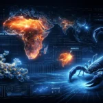 Високотехнологічна цифрова карта світу з тепловими зонами ризику, накладеними графіками аналізу ґрунту та 3D-моделлю скорпіона.