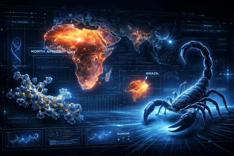 Високотехнологічна цифрова карта світу з тепловими зонами ризику, накладеними графіками аналізу ґрунту та 3D-моделлю скорпіона.