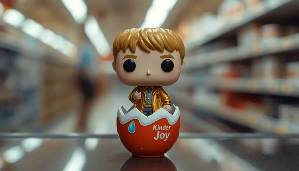 Золота фігурка Гаррі Поттера з серії Kinder Joy Funko Pop на фоні розкритого шоколадного яйця та графіку росту продажів Ferrero.