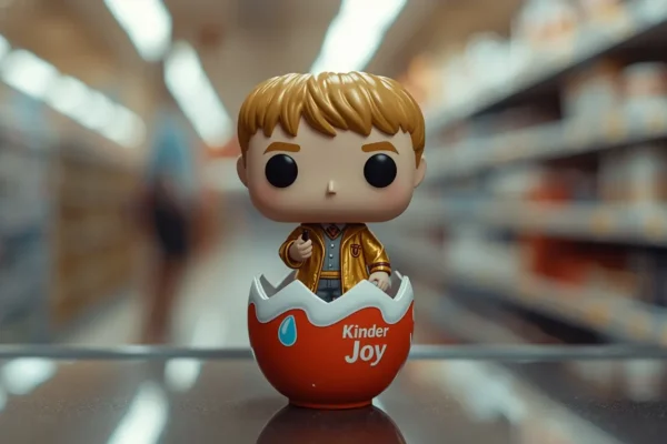Золота фігурка Гаррі Поттера з серії Kinder Joy Funko Pop на фоні розкритого шоколадного яйця та графіку росту продажів Ferrero.