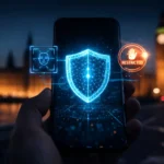 Смартфон із символом цифрового щита на фоні Біг-Бена, що символізує захист даних та нові закони Британії 2026 року.