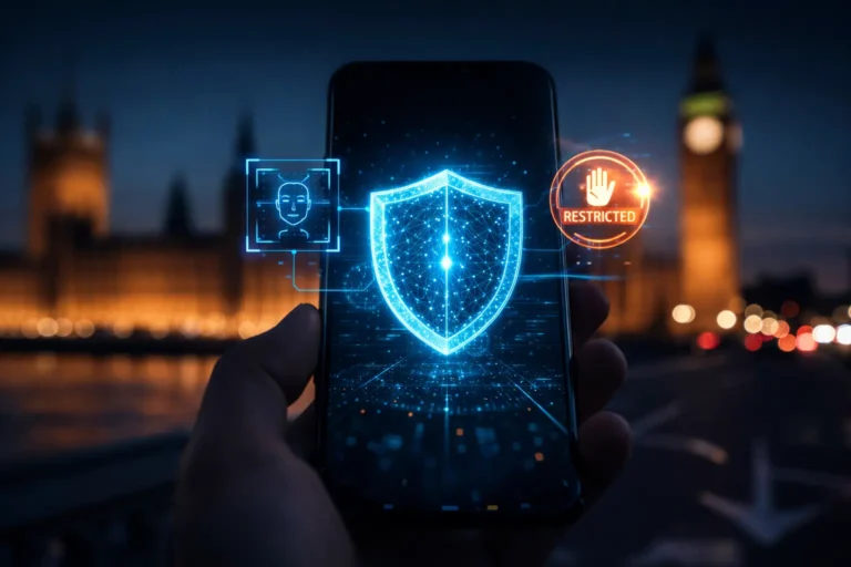 Смартфон із символом цифрового щита на фоні Біг-Бена, що символізує захист даних та нові закони Британії 2026 року.