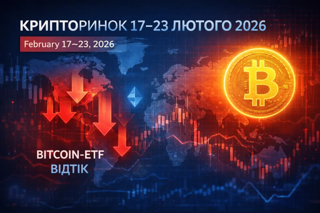 Інфографіка крипторинку за 17–23 лютого 2026 року із відтоком Bitcoin-ETF та волатильністю BTC
