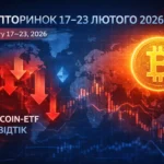 Інфографіка крипторинку за 17–23 лютого 2026 року із відтоком Bitcoin-ETF та волатильністю BTC