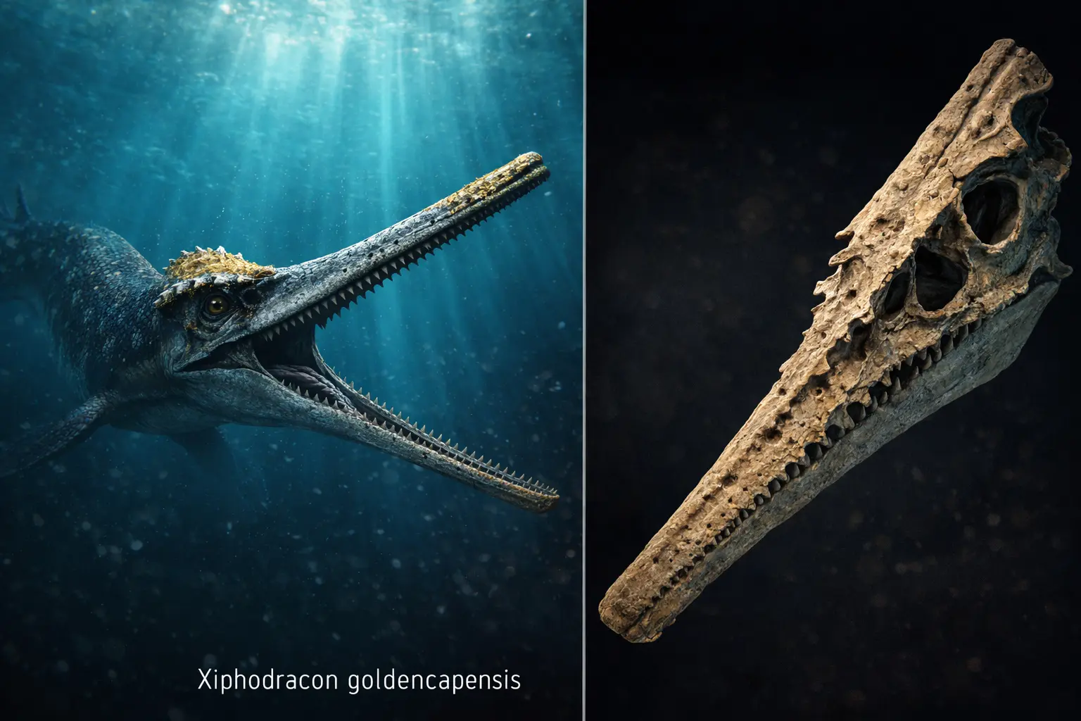 Унікальний череп іхтіозавра Ксіфодракон із зубцями на слізній кістці скам'янілість віком 190 млн років Дорсет Велика Британія