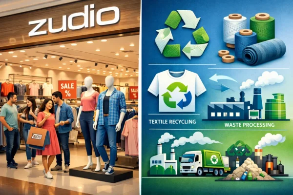 Порівняння: сучасний магазин Zudio та гора текстильних відходів на звалищі в Індії; інфографіка зі звіту Deloitte.
