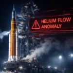 Ракета SLS у світлі прожекторів на космодромі, огорнута парою, з графічним написом «LAUNCH POSTPONED» на передньому плані.