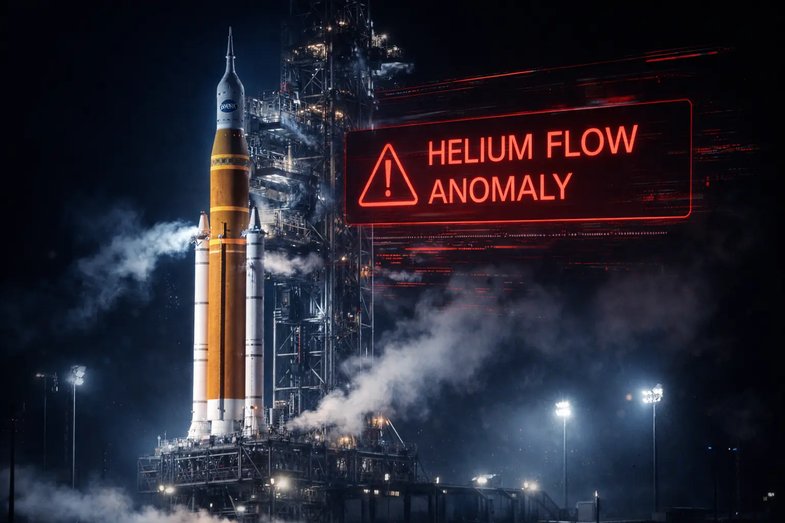 Ракета SLS у світлі прожекторів на космодромі, огорнута парою, з графічним написом «LAUNCH POSTPONED» на передньому плані.