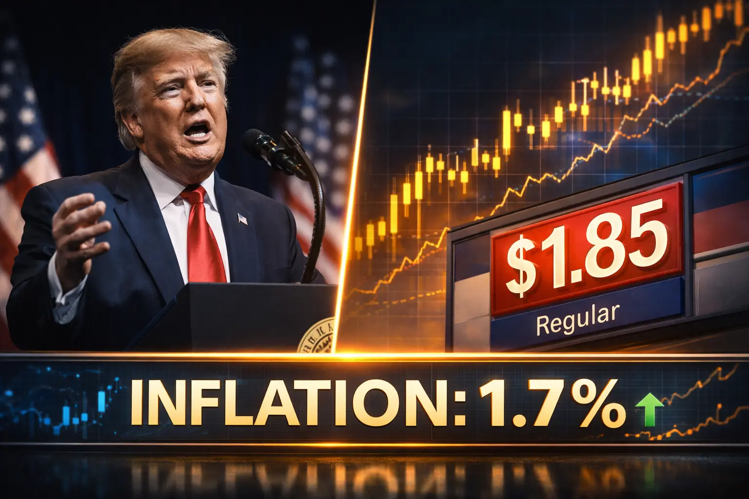 Дональд Трамп виступає з промовою SOTU 2026; інфографіка з ціною на бензин $1.85 та рівнем інфляції 1.7% на фоні Конгресу США лютий 2026