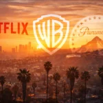 Логотипи Netflix, Warner Bros і Paramount на фоні Голлівуду