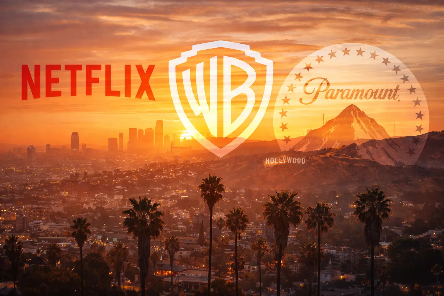 Логотипи Netflix, Warner Bros і Paramount на фоні Голлівуду