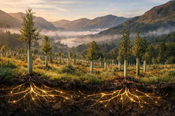 Підземні мікоризні мережі підтримують приживання дерев у нових лісах Камбрії, Англія