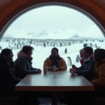 Внутрішній вигляд сучасної полярної станції: спільна зона відпочинку з видом через ілюмінатор на снігову пустелю; люди спілкуються за столом.