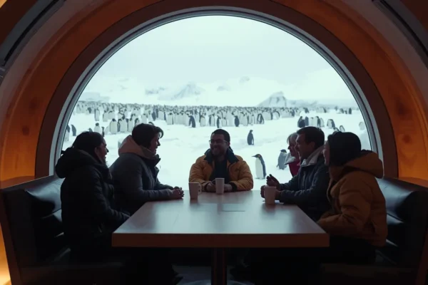 Внутрішній вигляд сучасної полярної станції: спільна зона відпочинку з видом через ілюмінатор на снігову пустелю; люди спілкуються за столом.