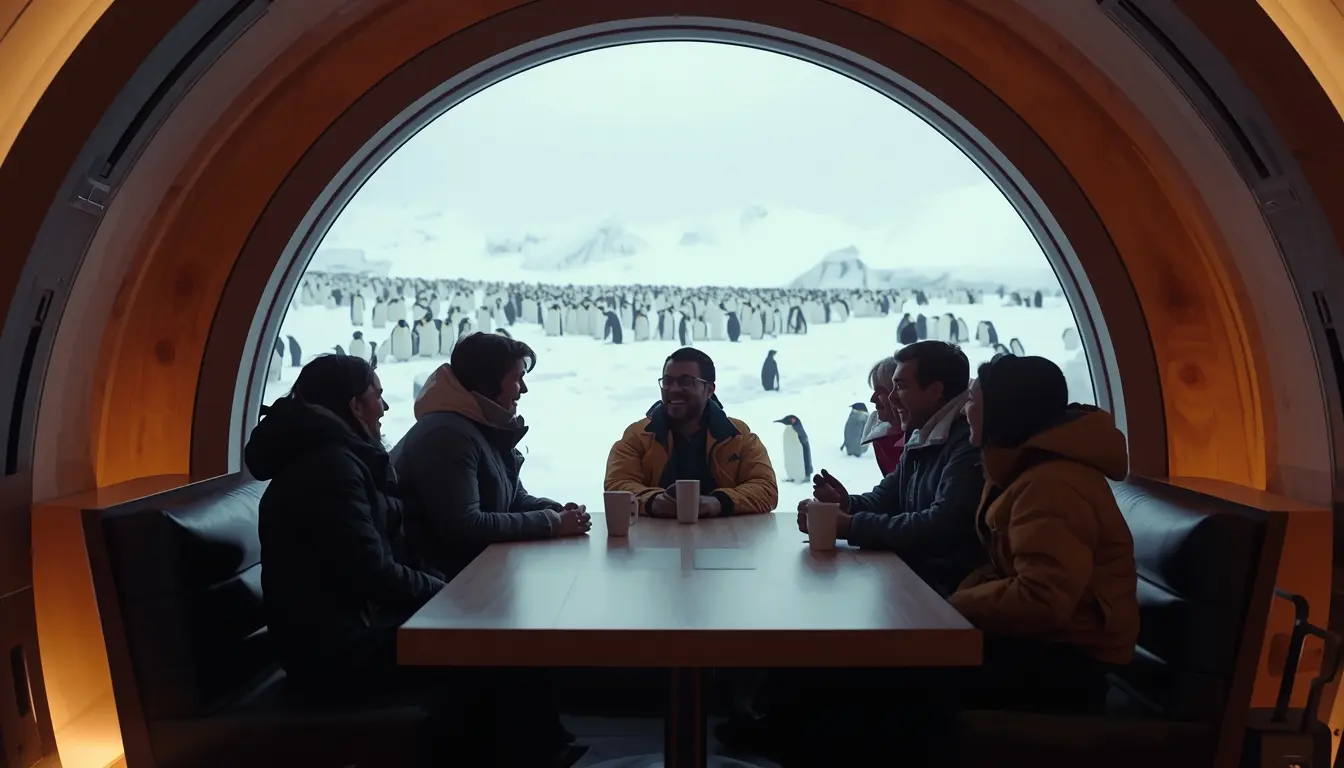 Внутрішній вигляд сучасної полярної станції: спільна зона відпочинку з видом через ілюмінатор на снігову пустелю; люди спілкуються за столом.