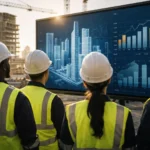 Група інженерів та керівників будівельної компанії вивчають фінансові графіки на планшеті прямо на будмайданчику; серйозні обличчя, сучасна архітектура на фоні.