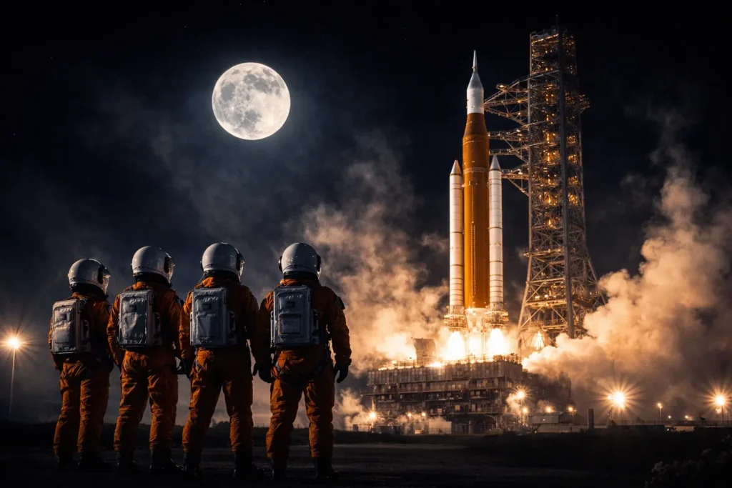 Ракета NASA SLS на стартовому майданчику в Космічному центрі Кеннеді під час нічної підготовки, підсвічена прожекторами, на фоні повного Місяця.