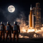 Ракета NASA SLS на стартовому майданчику в Космічному центрі Кеннеді під час нічної підготовки, підсвічена прожекторами, на фоні повного Місяця.