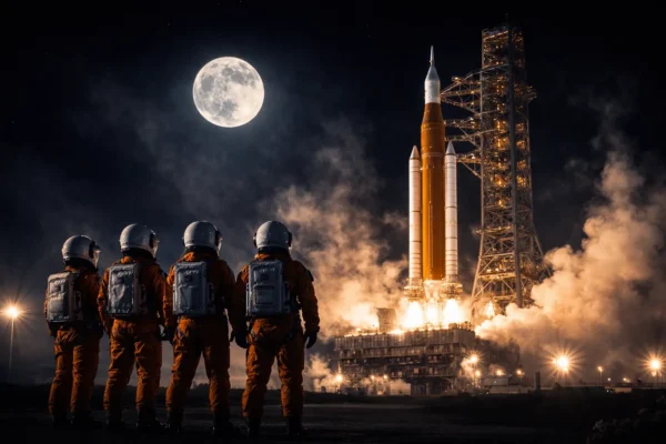 Ракета NASA SLS на стартовому майданчику в Космічному центрі Кеннеді під час нічної підготовки, підсвічена прожекторами, на фоні повного Місяця.