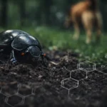 Макрозйомка гнойового жука на ґрунті поруч із блістерною упаковкою ветеринарних таблеток; фон — зелений парк.