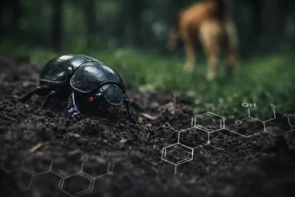 Макрозйомка гнойового жука на ґрунті поруч із блістерною упаковкою ветеринарних таблеток; фон — зелений парк.